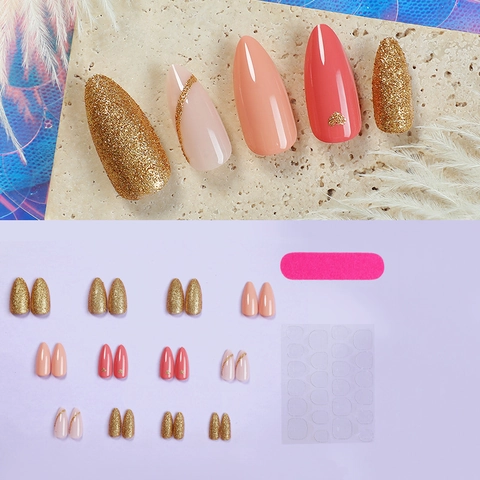 Uñas Postizas Press On Forma Almendra Largas Con Purpurina Rosa Blanco Oro Diseño Ondas Brillantes Para Mujer
