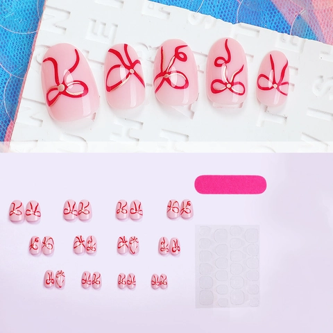French Style Press On Nagels Met Strikpatroon Roze En Rood Kunstnagels Voor DIY Manicure