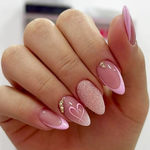 Press On Nagels Lange Amandel Gradiënt Roze Wit Hart Glitter Strass Franse Stijl Kunstmatige Valse Nagels