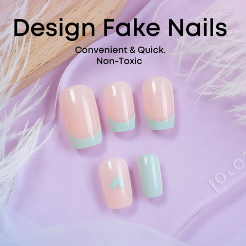 Unghie Finte French Tip Forma Quadrata Lunga Motivo Cuore Rosa Nude Plastica Per Donne Eleganti