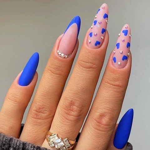 Unghie Finte Forma Mandorla Cuore Blu Strass Opaco French Tip Manicure Fai Da Te Per Donne