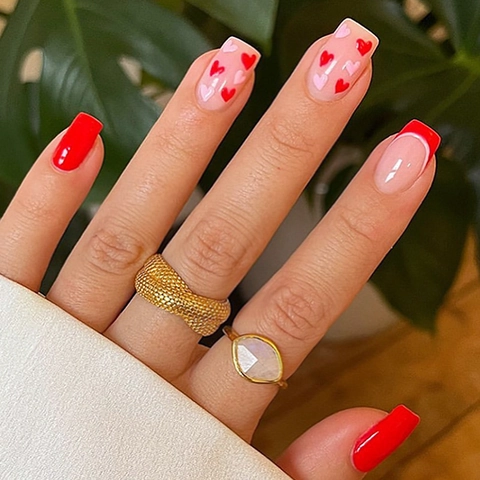 Mandel Drucknägel Glänzend Französische Spitze Rotes Herz Design Professionelle DIY Maniküre Für Frauen