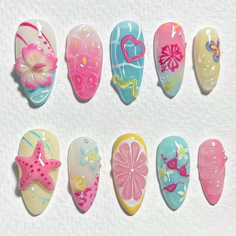Uñas Postizas Hechas A Mano Almendra Verano Playa Océano Relieve Flor Concha Perla Artificial Resina Para Mujeres