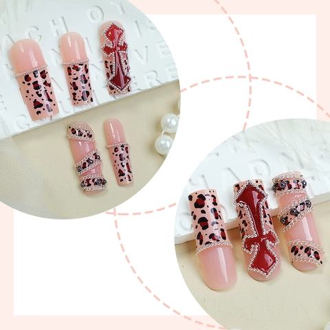 Handmade Long Square Press On Nails Gothic Red Cross Relief Leopard Print Rhinestone Chain Artificial Nails For Women