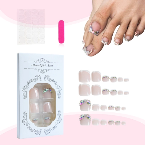 Press On Toenails French White Tip Pink Rhinestones Artificial Fake Toe Nails For Women Elegant Summer Pedicure