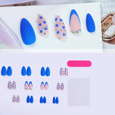 Unghie Finte Forma Mandorla Cuore Blu Strass Opaco French Tip Manicure Fai Da Te Per Donne