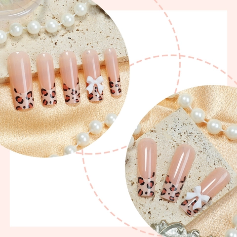 Uñas Postizas Largas Coffin Estampado Leopardo Francés Con Lazo Blanco Uñas Artificiales Para Mujeres Elegante Moda