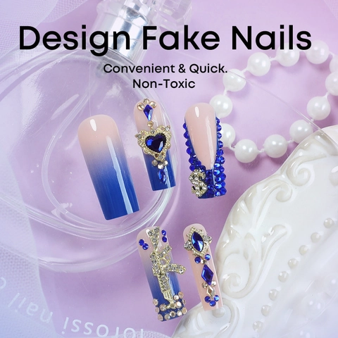 French Luxury Blue Nude Gradient Press On Nails Long Square Resin False Nails With Heart Rhinestones Metal Charms