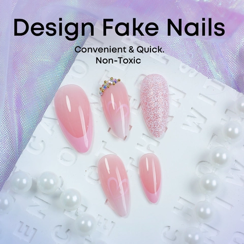 Press On Nagels Lange Amandel Gradiënt Roze Wit Hart Glitter Strass Franse Stijl Kunstmatige Valse Nagels