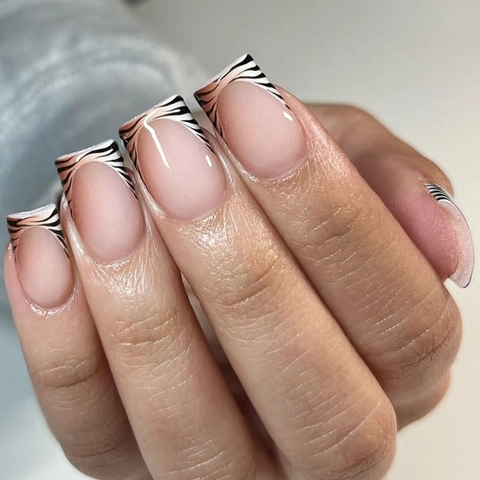 French Tip Press On Nagels Vierkante Lange Kunstnagels Luipaard Zebra Dierenprint Nude Glanzend Manicure Kit