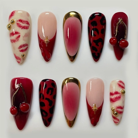 Press On Nails 3D Cherry Leopard Print Long Almond Shape Red French Glossy Fake Nails For Women ABS Resin Luxury Style