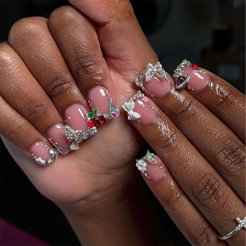 Press On Nails Short Square French Style Pink Fake Nails With Bow Butterfly Cherry Rhinestone Decor Adhesive Kit