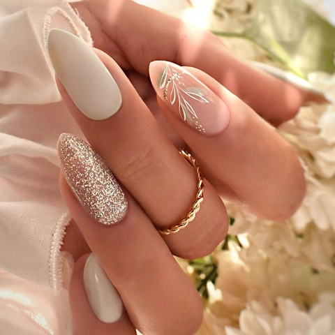 Press On Nails Long Almond Artificial False Nails Matte Green Pink And Silver Glitter Maple Leaf Design Autumn Style For Women