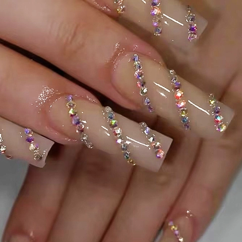 Unghie Finte Quadrate Extra Lunghe Rosa Nude In Plastica Con Strass Colorati Manicure DIY Elegante Per Donne