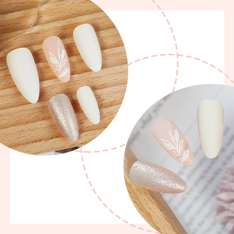 Press On Nails Long Almond Artificial False Nails Matte Green Pink And Silver Glitter Maple Leaf Design Autumn Style For Women