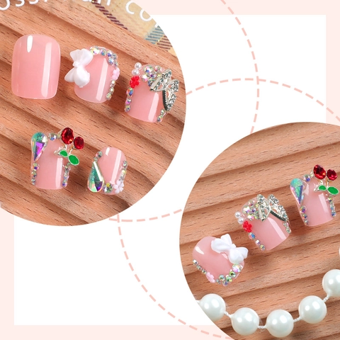 Press On Nails Short Square French Style Pink Fake Nails With Bow Butterfly Cherry Rhinestone Decor Adhesive Kit