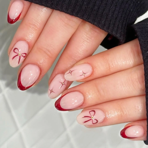 Fiocco Rosso French Tip Press On Nails Ovale Lungo Unghie Finte Fatte A Mano Con Colla Di Gelatina Lima Elegante