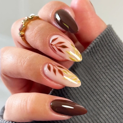 Unghie Finte Press On Stiletto Lucide Motivo Foglie Acero Autunnali Dettagli Foglia Oro Copertura Totale Per Donna Manicure DIY