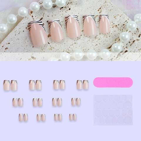 French Tip Press On Nagels Vierkante Lange Kunstnagels Luipaard Zebra Dierenprint Nude Glanzend Manicure Kit