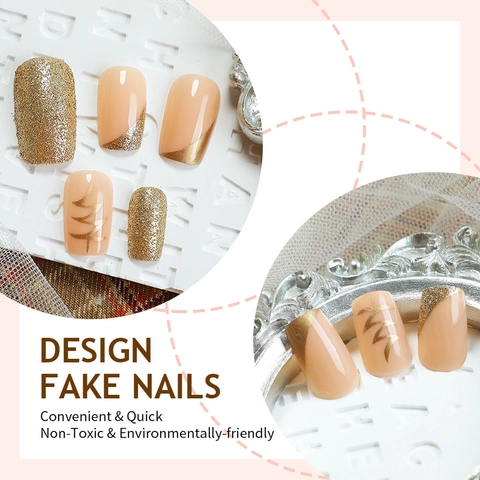 Luxury Press On Nails Gold Glitter Nude Pink French Tip Almond Shape Glossy Artificial Fake Nails Elegant Long Lasting