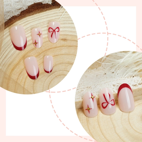 Fiocco Rosso French Tip Press On Nails Ovale Lungo Unghie Finte Fatte A Mano Con Colla Di Gelatina Lima Elegante