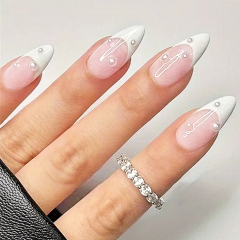 Uñas Postizas Press On Con Punta Francesa Blanca Y Decoración De Perlas Artificiales Forma De Estilete Largo Elegantes Uñas
