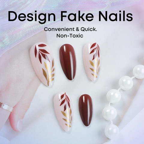 Unghie Finte Press On Stiletto Lucide Motivo Foglie Acero Autunnali Dettagli Foglia Oro Copertura Totale Per Donna Manicure DIY