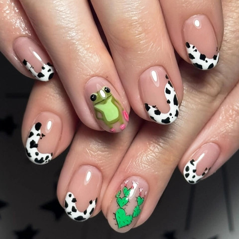Press On Nails Lang Rund Rosa Französisch Kuhmuster Süßer Grüner Frosch Kaktus Künstliche Nägel