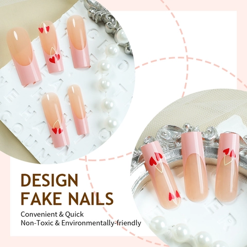 Unghie Finte Press On French Tip Lunghe Ballerina Motivo Cuore Ciliegia Rosa Per Donne Manicure Fai Da Te San Valentino
