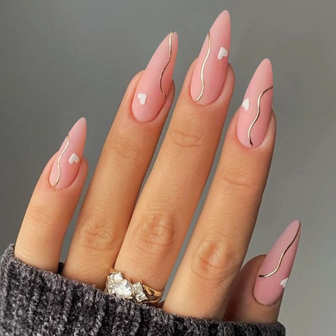 Uñas Postizas Rosa Mate Morandi Largas Stiletto Uñas Postizas Con Corazón Blanco Y Diseños De Líneas Doradas Para Mujeres Manicura DIY