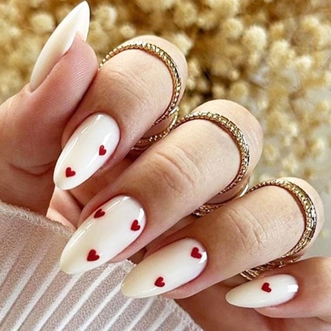 Almond False Nails Milky White Red Heart Pattern Elegant Manicure For Women Including Glue Tabs And Nail File