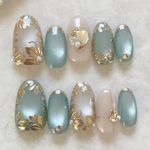Uñas Postizas Press On Hoja Dorada Ojo De Gato Forma Almendra Estilo Francés Perla Artificial Estrás Flor En Relieve