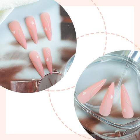 Uñas Postizas Rosa Mate Morandi Largas Stiletto Uñas Postizas Con Corazón Blanco Y Diseños De Líneas Doradas Para Mujeres Manicura DIY