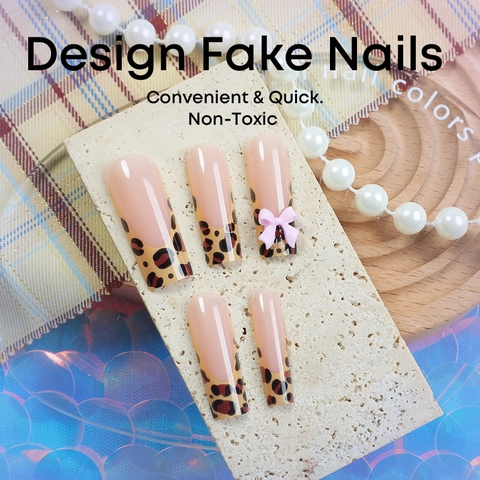 Press On Nägel Französischer Leopard Print Mit 3D Rosa Bogen Dekor Lange Sargform Falsche Nägel Für Damen