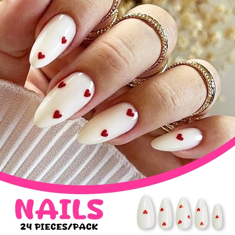 Almond False Nails Milky White Red Heart Pattern Elegant Manicure For Women Including Glue Tabs And Nail File