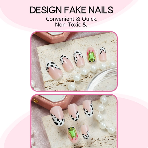 Press On Nails Lang Rund Rosa Französisch Kuhmuster Süßer Grüner Frosch Kaktus Künstliche Nägel