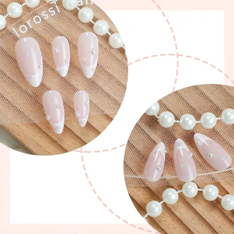Uñas Postizas Press On Con Punta Francesa Blanca Y Decoración De Perlas Artificiales Forma De Estilete Largo Elegantes Uñas