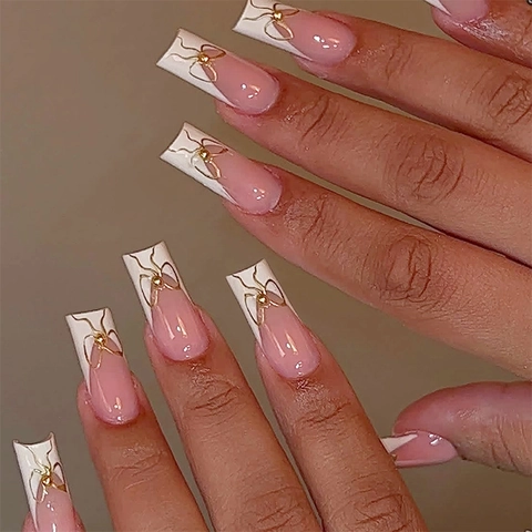 French Style Press On Nails Gradient Pink White Coffin Shape Golden Bowknot Artificial Fingernails Elegant Manicure