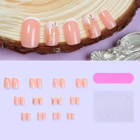 French Tip Press On Nails Nude Pink Kurz Quadratisch Künstliche Fingernägel Mit Goldenem Blattmuster Elegante Maniküre