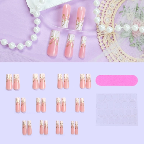 French Style Press On Nails Gradient Pink White Coffin Shape Golden Bowknot Artificial Fingernails Elegant Manicure