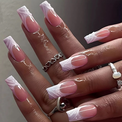 Unghie Finte a Pressione Coffin Francesi Fatte a Mano Rosa Bianco Marmo 3D Motivo a Onde d'Acqua Unghie Artificiali Lunghe Donna