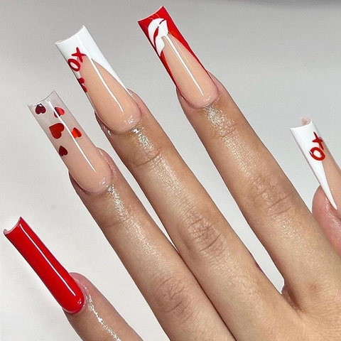 Red Heart Press On Nails Long Square Shape XO Pattern Valentine's Day Theme Fashionable Manicure Accessory For Women