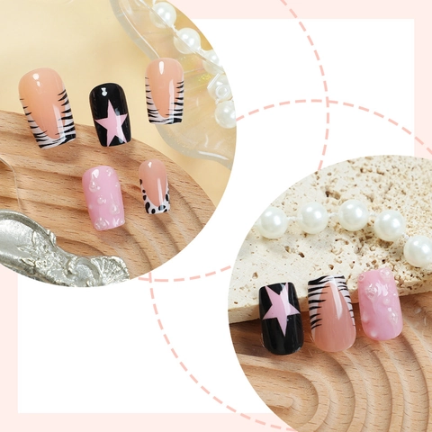 Short Square Press On Nails Pink Star Cow Zebra Pattern French Tip 3D Texture False Nails With Adhesive Tabs Nail File