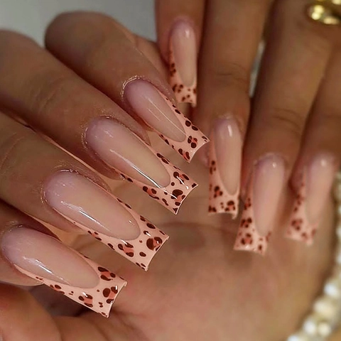 Long Square Press On Nails Leopard Print French Style Glossy Nude Pink False Nails For Women Artificial