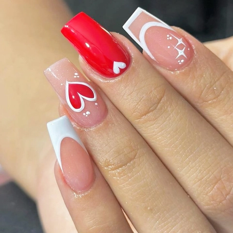 French Red White Hearts Press On Nails Long Coffin Glossy Artificial False Nails For Women Valentine's Day Decor