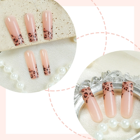 Long Square Press On Nails Leopard Print French Style Glossy Nude Pink False Nails For Women Artificial