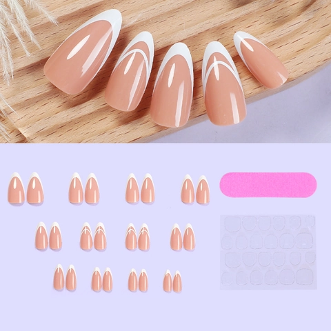 Press On Nägel Französisch Weiße Spitze Mandelform Naturrosa Verlauf Harz Lang Minimalistisch Für Frauen Maniküre