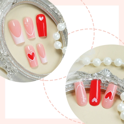 French Red White Hearts Press On Nails Long Coffin Glossy Artificial False Nails For Women Valentine's Day Decor