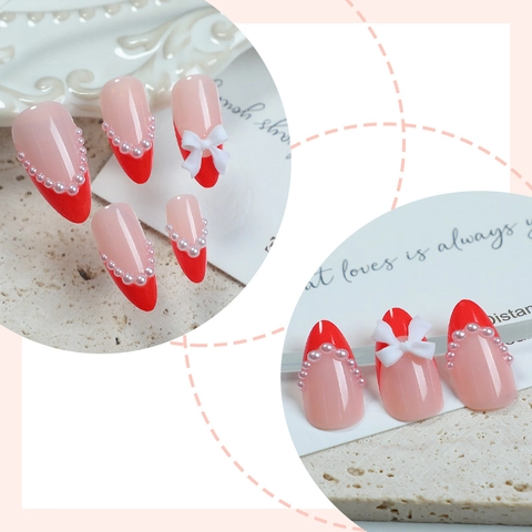 Uñas Postizas De Presión Francesas Rojas Con Lazo Blanco Y Decoraciones De Perlas Artificiales Forma De Estilete Largo Elegantes Hechas A Mano