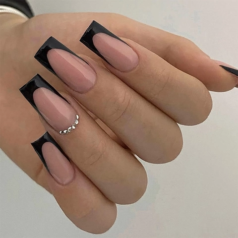 Unghie Finte Press On French Nere Forma Ballerina Lunga Con Decorazione Strass Base Nude Manicure Elegante Donna